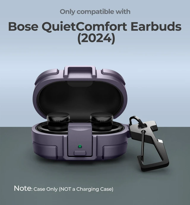 Alt view image 2 of 7 - for Bose QuietComfort Earbuds Protective Case with Drop-Proof Lock, Shockproof Rugged Bumper Cover with Carabiner & Keyring for Bose QuietComfort Earbuds 2024 PurpleCharger not Included