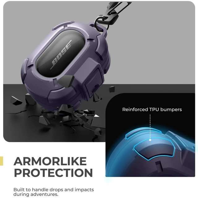 Alt view image 4 of 7 - for Bose QuietComfort Earbuds Protective Case with Drop-Proof Lock, Shockproof Rugged Bumper Cover with Carabiner & Keyring for Bose QuietComfort Earbuds 2024 PurpleCharger not Included