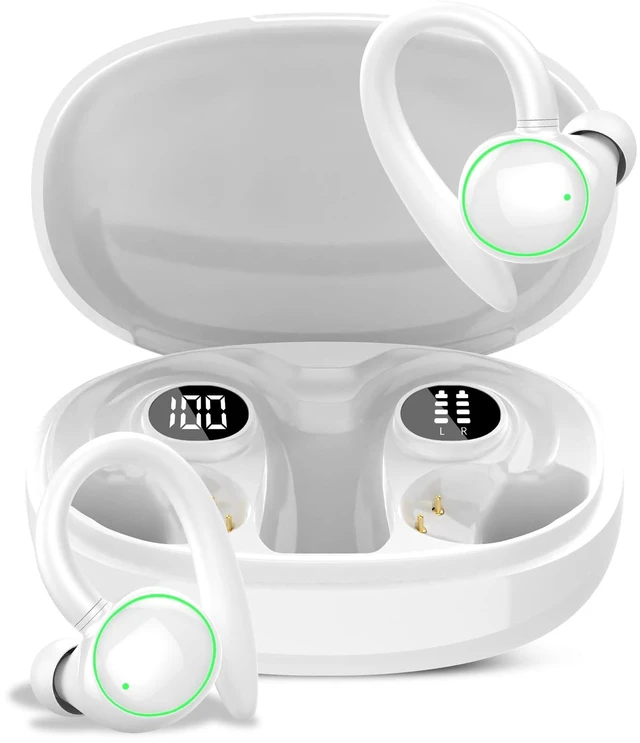 Main image of Wireless Earbuds, Bluetooth 5.4 Headphones Sport Over Ear Buds With ENC Mic ENC Noise Cancelling Mic, 48H, Wireless Earphone With Earhooks, Stereo Deep Bass, IP7 Waterproof Headset for Workout, White