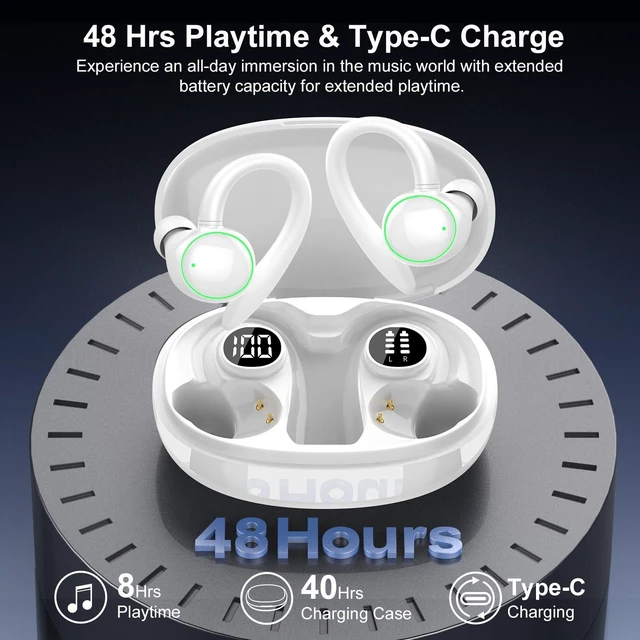 Alt view image 4 of 7 - Wireless Earbuds, Bluetooth 5.4 Headphones Sport Over Ear Buds With ENC Mic ENC Noise Cancelling Mic, 48H, Wireless Earphone With Earhooks, Stereo Deep Bass, IP7 Waterproof Headset for Workout, White