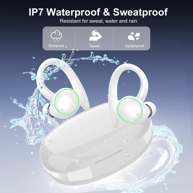 Alt view image 7 of 7 - Wireless Earbuds, Bluetooth 5.4 Headphones Sport Over Ear Buds With ENC Mic ENC Noise Cancelling Mic, 48H, Wireless Earphone With Earhooks, Stereo Deep Bass, IP7 Waterproof Headset for Workout, White