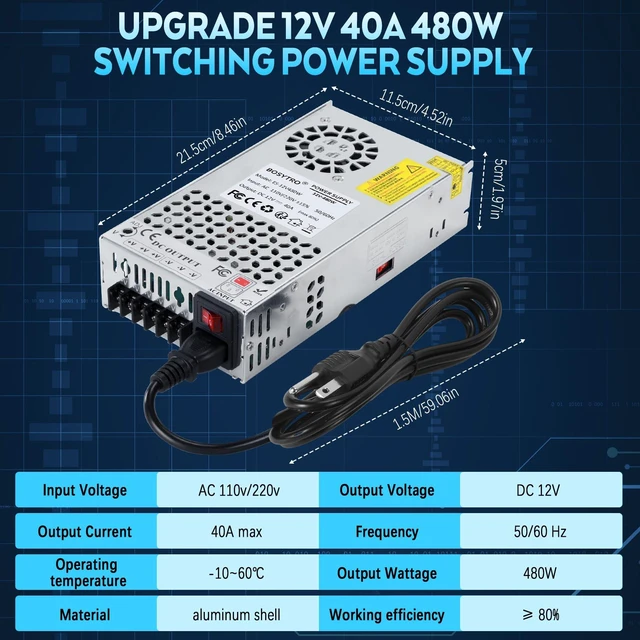 Alt view image 3 of 7 - Upgraded 12V DC Power Supply 480W 40A AC to DC Converter Switching Power Supply for Led Strip, Motor Pump, CCTV, 3D Printer, Electronic Instruments, Lab Computer