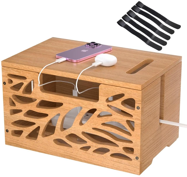 Main image of Large Cable Management Box, Wooden Cord Hider Box for Power Strip Decorative Cord Hider Box Cable Organizer Box, Hollow-Cut Wire Hider for Power Strip Desk TV Cords Home Office
