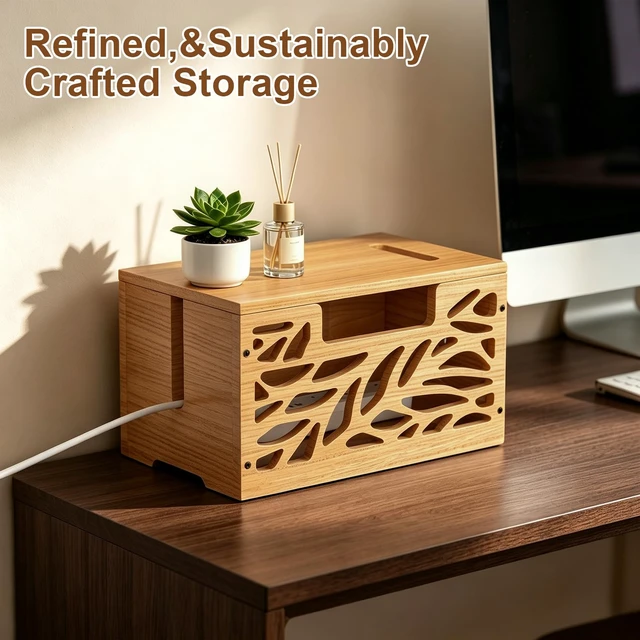 Alt view image 2 of 7 - Large Cable Management Box, Wooden Cord Hider Box for Power Strip Decorative Cord Hider Box Cable Organizer Box, Hollow-Cut Wire Hider for Power Strip Desk TV Cords Home Office