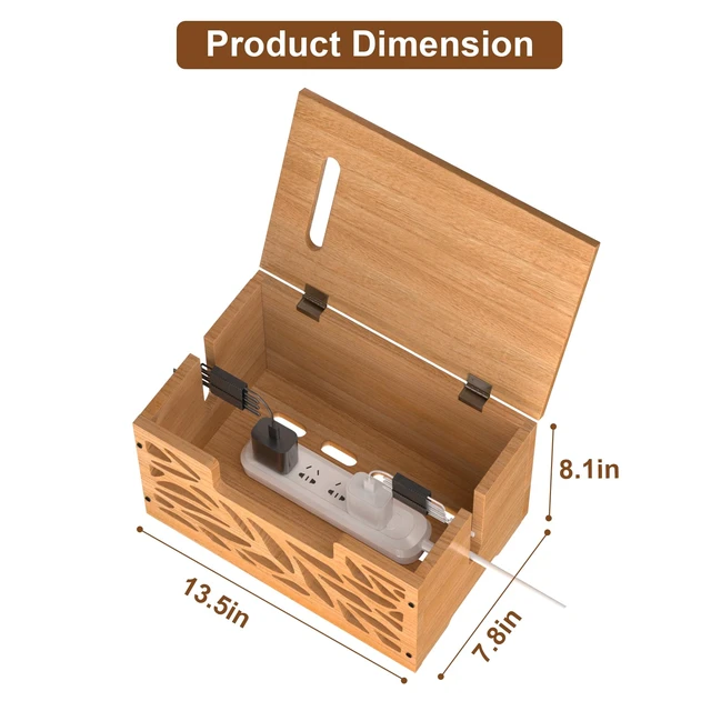 Alt view image 3 of 7 - Large Cable Management Box, Wooden Cord Hider Box for Power Strip Decorative Cord Hider Box Cable Organizer Box, Hollow-Cut Wire Hider for Power Strip Desk TV Cords Home Office