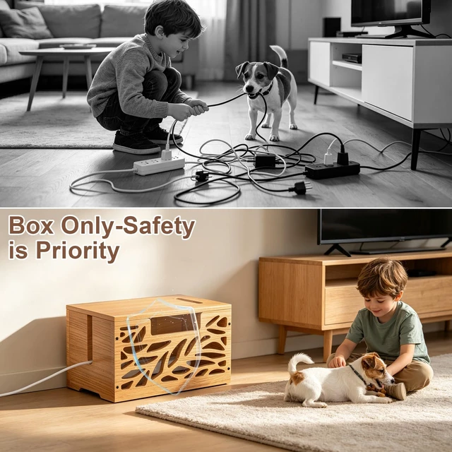 Alt view image 5 of 7 - Large Cable Management Box, Wooden Cord Hider Box for Power Strip Decorative Cord Hider Box Cable Organizer Box, Hollow-Cut Wire Hider for Power Strip Desk TV Cords Home Office