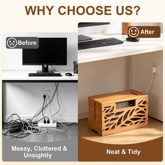 Alt view image 6 of 7 - Large Cable Management Box, Wooden Cord Hider Box for Power Strip Decorative Cord Hider Box Cable Organizer Box, Hollow-Cut Wire Hider for Power Strip Desk TV Cords Home Office