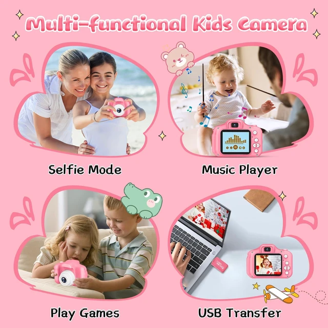 Alt view image 7 of 7 - Kids Camera for Boys and Girls, Digital Camera for Kids, Toddler Camera Christmas Birthday Toy Gifts for Kids Age 3 4 5 6 7 8 9 10 with 32GB SD Card, Video Recorder 1080P HD(Pink)