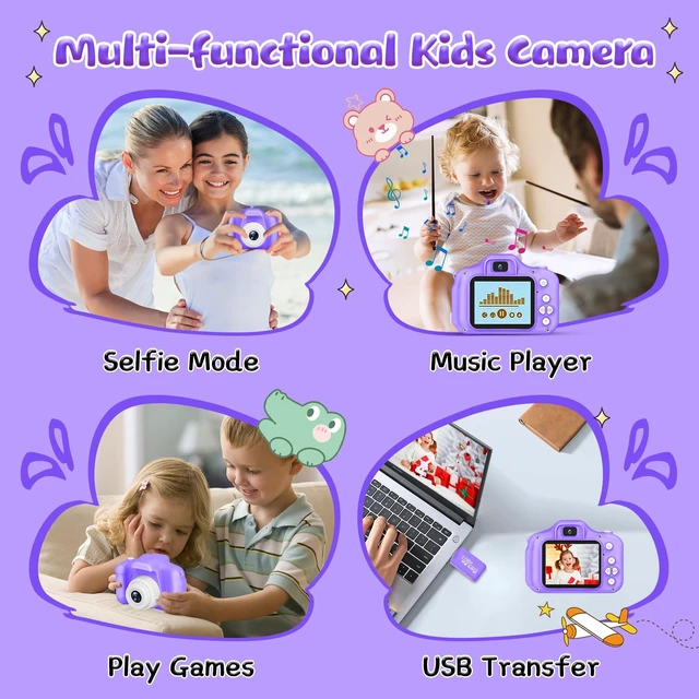 Alt view image 7 of 7 - Kids Camera for Boys and Girls, Digital Camera for Kids, Toddler Camera Christmas Birthday Toy Gifts for Kids Age 3 4 5 6 7 8 9 10 with 32GB SD Card, Video Recorder 1080P HD(-Purple)