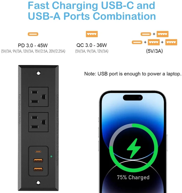 Alt view image 2 of 7 - Recessed Power Strip with 45 W USB C Port, Fast Charging USB A Port Desk Outlet, Furniture Hidden Charging Station for Side Table, End Table, with 6 FT 45 Degree Flat Plug Extension Cord