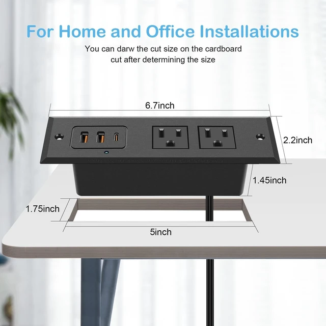 Alt view image 3 of 7 - Recessed Power Strip with 45 W USB C Port, Fast Charging USB A Port Desk Outlet, Furniture Hidden Charging Station for Side Table, End Table, with 6 FT 45 Degree Flat Plug Extension Cord
