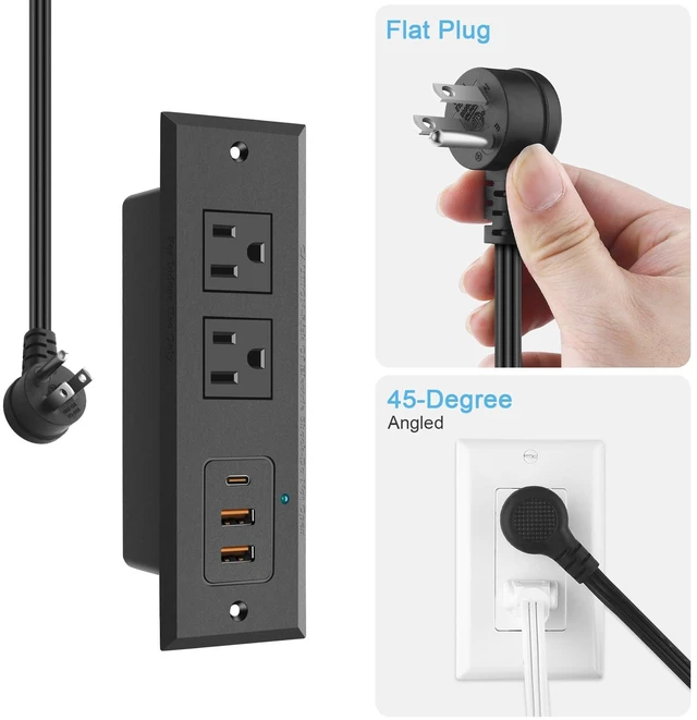 Alt view image 5 of 7 - Recessed Power Strip with 45 W USB C Port, Fast Charging USB A Port Desk Outlet, Furniture Hidden Charging Station for Side Table, End Table, with 6 FT 45 Degree Flat Plug Extension Cord