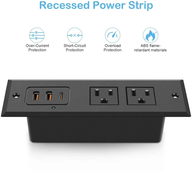 Alt view image 6 of 7 - Recessed Power Strip with 45 W USB C Port, Fast Charging USB A Port Desk Outlet, Furniture Hidden Charging Station for Side Table, End Table, with 6 FT 45 Degree Flat Plug Extension Cord