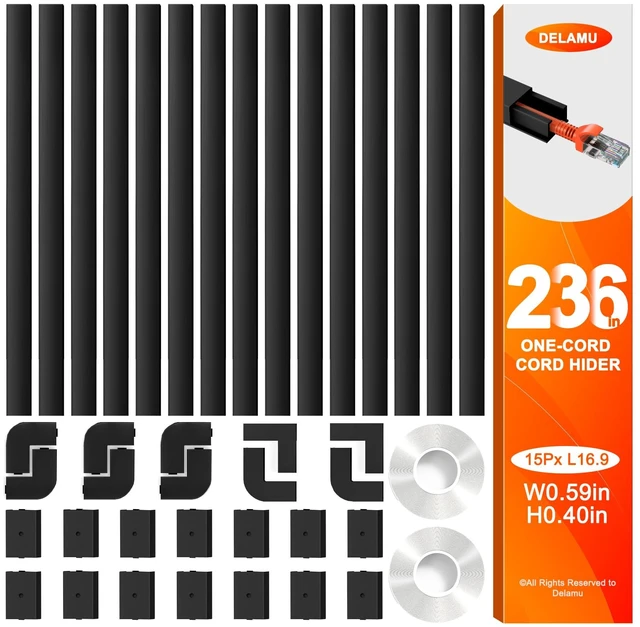 Main image of 236in Cord Hider, One-Wire Cord Covers for Wires on Wall, Easy-to-Install Cable Hiders for Mounted Tv, Cable Management Kit, Cable Raceways, W0.59 H0.4in, Black