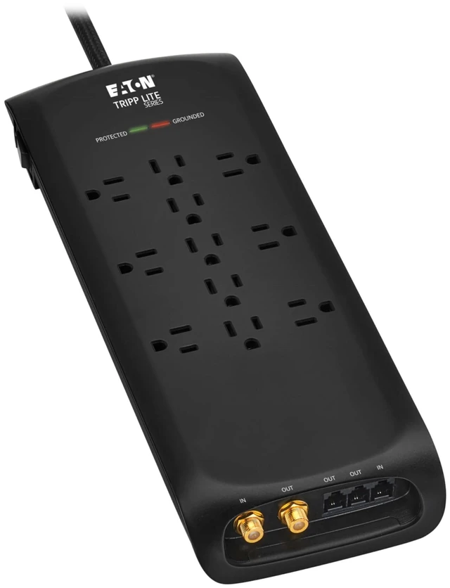 Main image of Eaton TLP118DBTELTV Home Theater Surge Protector 11 Outlets Coax & Phone Protection, 4200 Joules, 8ft Braided Flat Plug Extension Cord, EMI/RFI Filtering