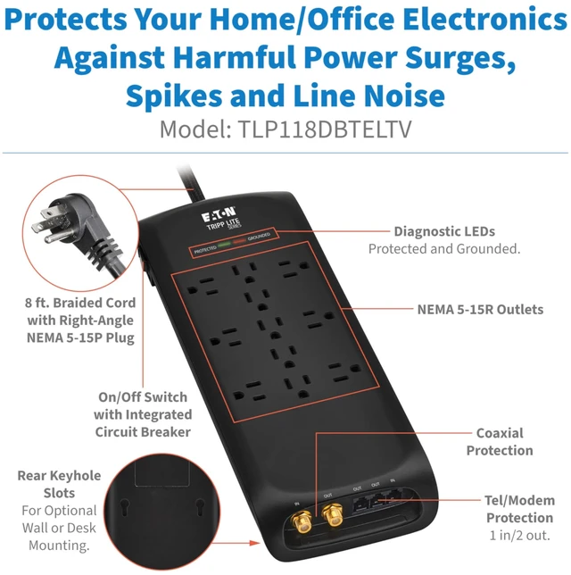 Alt view image 2 of 7 - Eaton TLP118DBTELTV Home Theater Surge Protector 11 Outlets Coax & Phone Protection, 4200 Joules, 8ft Braided Flat Plug Extension Cord, EMI/RFI Filtering