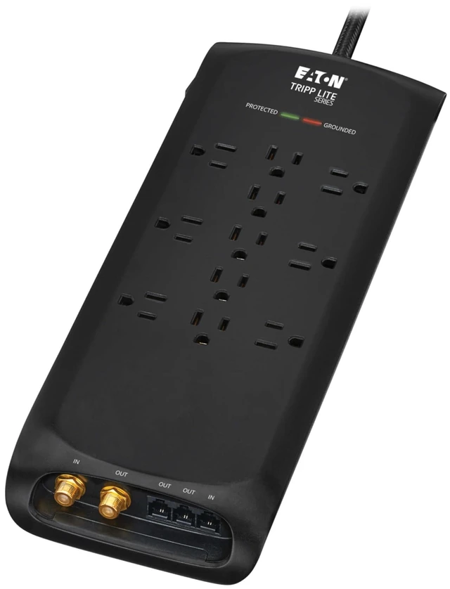 Alt view image 7 of 7 - Eaton TLP118DBTELTV Home Theater Surge Protector 11 Outlets Coax & Phone Protection, 4200 Joules, 8ft Braided Flat Plug Extension Cord, EMI/RFI Filtering