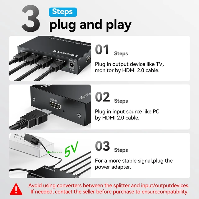 Alt view image 6 of 7 - 4K@60Hz HDMI 2.0 Splitter 1 in 4 Out, Mirror Only Not Extended Display, HDMI 2.0 Splitter, Support HDMI2.0, HDCP2.2, Auto Downscaling, Deep Color Mode at up to 36 bits, CEC