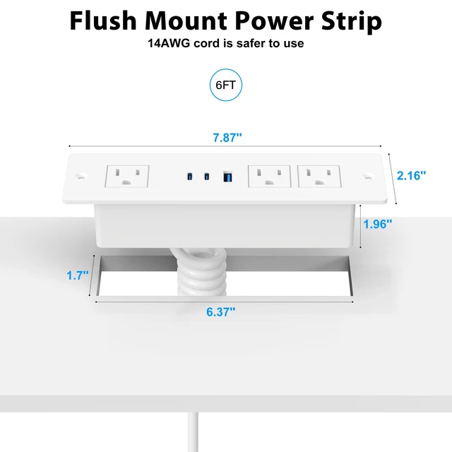 Alt view image 6 of 7 - Drawer Outlet Kit with 65W USB C Fast Charging Station Recessed Power Outlet with 3 USB Ports & 3 AC Outlets, Furniture Flush Mount Power Strip for Home Office,6FT White Cord