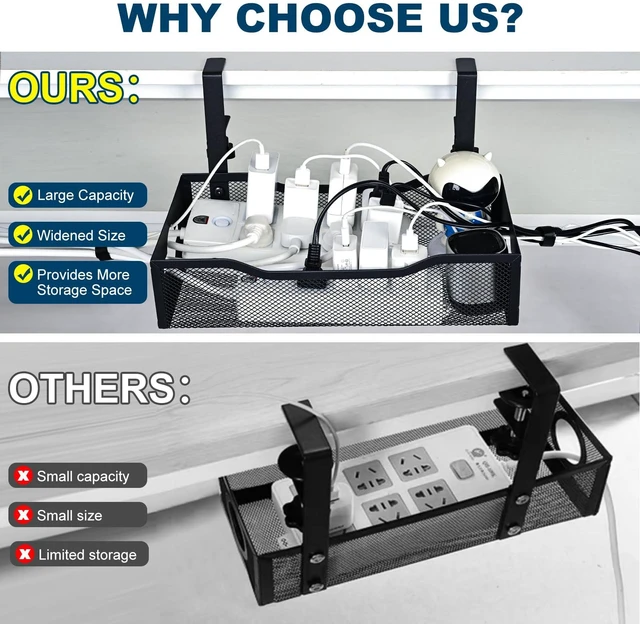 Alt view image 2 of 6 - Large Under Desk Cable Management Tray - Heavy Duty Metal Cord Organizer with No Drill Installation for Office & Home Office Desks to Hide Wires & Power Strips (Black, XL) (Pack of 2)