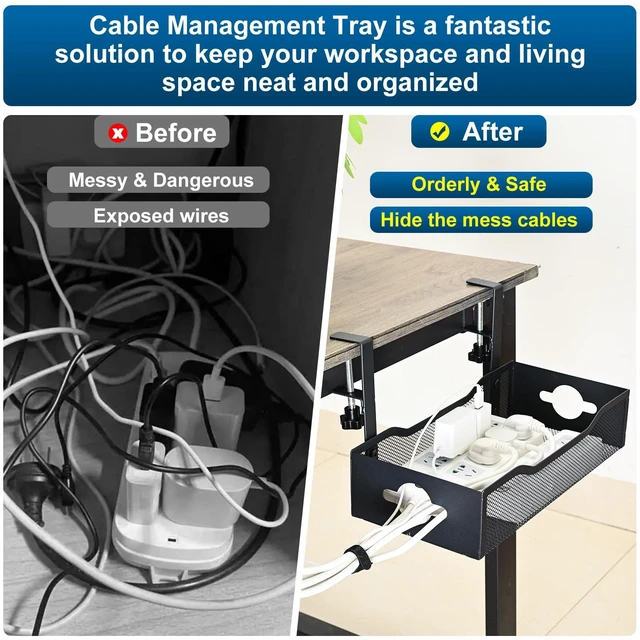 Alt view image 4 of 6 - Large Under Desk Cable Management Tray - Heavy Duty Metal Cord Organizer with No Drill Installation for Office & Home Office Desks to Hide Wires & Power Strips (Black, XL) (Pack of 2)