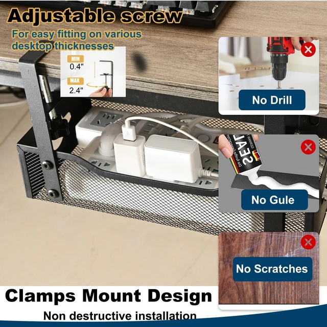 Alt view image 5 of 6 - Large Under Desk Cable Management Tray - Heavy Duty Metal Cord Organizer with No Drill Installation for Office & Home Office Desks to Hide Wires & Power Strips (Black, XL) (Pack of 2)