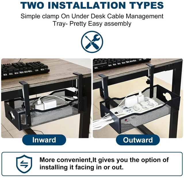 Alt view image 6 of 6 - Large Under Desk Cable Management Tray - Heavy Duty Metal Cord Organizer with No Drill Installation for Office & Home Office Desks to Hide Wires & Power Strips (Black, XL) (Pack of 2)