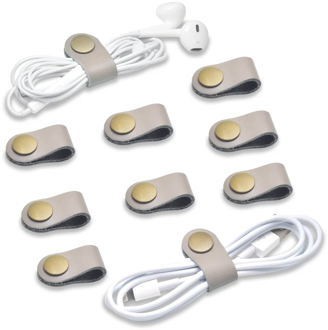 Main image of Leather Cord Organizer,Cable Ties for Earbuds,Cord Keeper for Travel 10 gray Cable Organizer for Earbuds,Headphone Wrap,Button Snap Closure for USB Cord Holder,Desk,Pocket,Stocking Stuffers Men