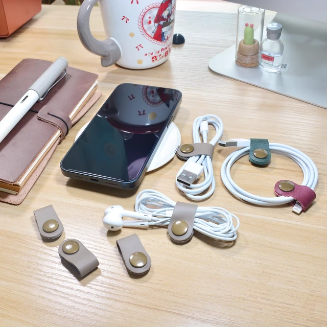 Alt view image 2 of 7 - Leather Cord Organizer,Cable Ties for Earbuds,Cord Keeper for Travel 10 gray Cable Organizer for Earbuds,Headphone Wrap,Button Snap Closure for USB Cord Holder,Desk,Pocket,Stocking Stuffers Men