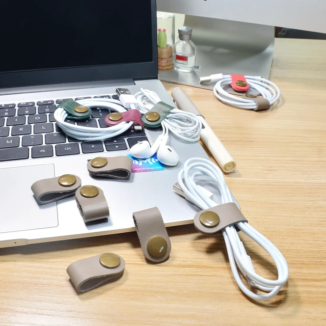 Alt view image 3 of 7 - Leather Cord Organizer,Cable Ties for Earbuds,Cord Keeper for Travel 10 gray Cable Organizer for Earbuds,Headphone Wrap,Button Snap Closure for USB Cord Holder,Desk,Pocket,Stocking Stuffers Men