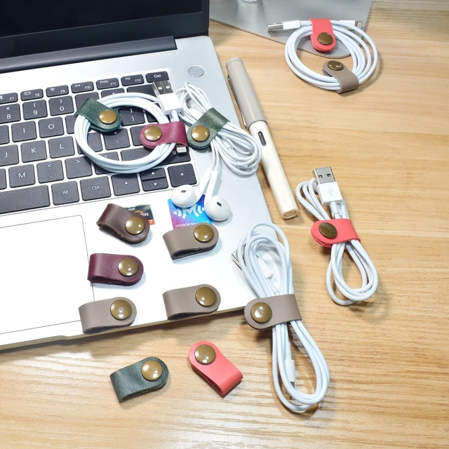 Alt view image 4 of 7 - Leather Cord Organizer,Cable Ties for Earbuds,Cord Keeper for Travel 10 gray Cable Organizer for Earbuds,Headphone Wrap,Button Snap Closure for USB Cord Holder,Desk,Pocket,Stocking Stuffers Men