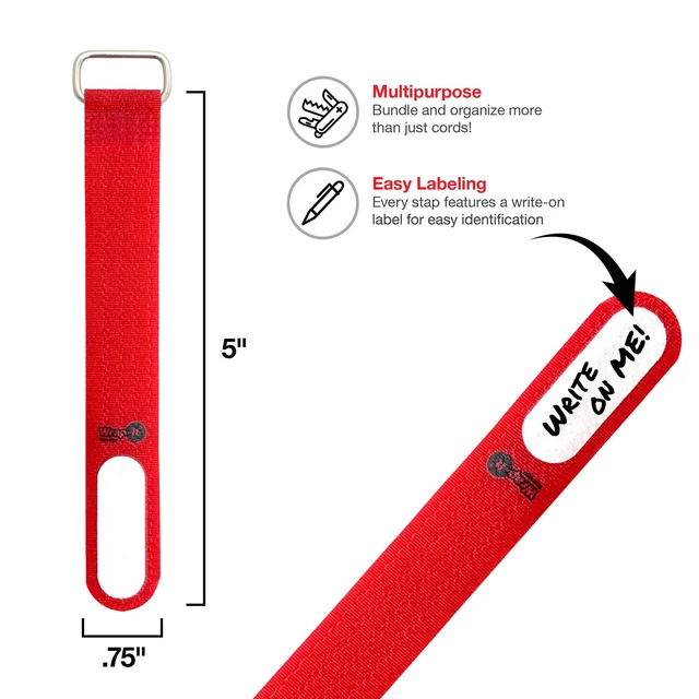 Alt view image 3 of 7 - Cinch-Straps, 5" 20 Pack (Red) Features Metal Buckle and Write on Label for Easy Cord ID and Cable Management, Reusable Securing Cinch Straps
