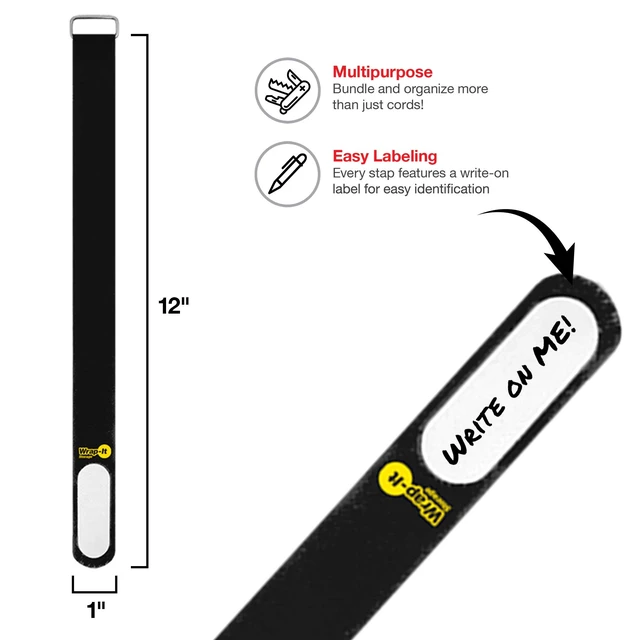 Alt view image 3 of 7 - Cinch-Straps, 12-in (16-Pack) Black Hook and Loop Strap with Write on Label for Easy Cord Identification and Cable Management