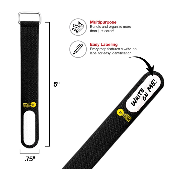 Alt view image 2 of 6 - Cinch-Straps, 5-in (20-Pack) Black Hook and Loop Strap with Write on Label for Easy Cord Identification and Cable Management