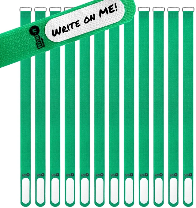Main image of Cinch-Straps, 18" 12 Pack (Green) Features Buckle and Write on Label for Easy Cord Identification and Cable Management, Reusable Securing Cinch Straps