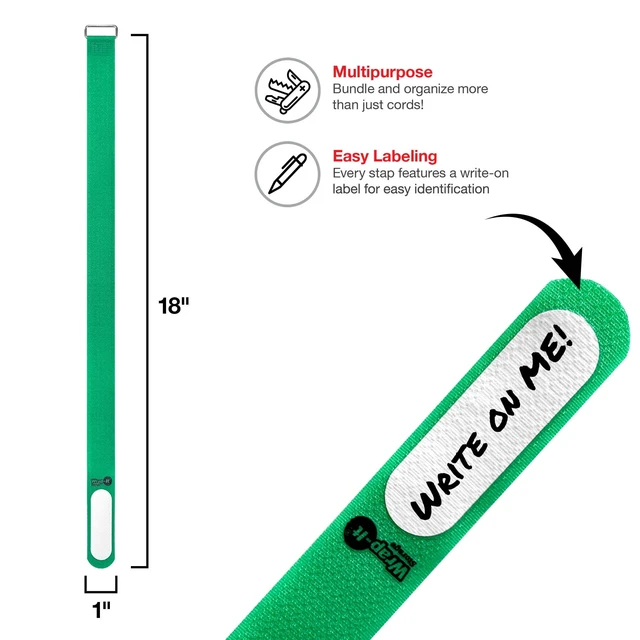 Alt view image 3 of 7 - Cinch-Straps, 18" 12 Pack (Green) Features Buckle and Write on Label for Easy Cord Identification and Cable Management, Reusable Securing Cinch Straps