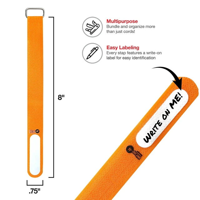 Alt view image 3 of 7 - Cinch-Straps - 8" 18-Pack (Orange) Features Buckle and Label for Cord Identification, Reusable Multi-Purpose Securing Cable Straps, Cord Wrap, Cord Organizers