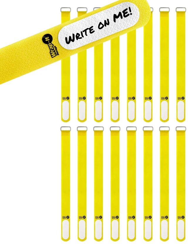 Main image of Cinch-Straps, 12" 16 Pack (Yellow) Features Metal Buckle and Label for Cord Identification, Reusable Multi-Purpose Cable Straps, Cord Wrap, Cord Organizers