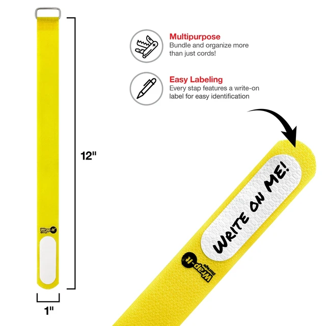 Alt view image 3 of 7 - Cinch-Straps, 12" 16 Pack (Yellow) Features Metal Buckle and Label for Cord Identification, Reusable Multi-Purpose Cable Straps, Cord Wrap, Cord Organizers