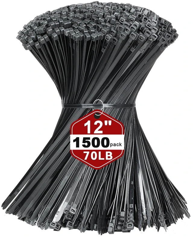 Main image of 12 Inch Black Nylon Zip Ties, 1500 Pack Self-Locking 70lb Tensile UV Resistant Construction, HeavyDuty Performance, Suitable For Both Indoor And Outdoor Securing Applications