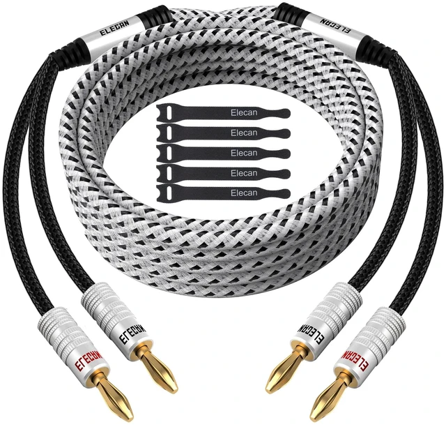 Main image of 14 AWG Speaker Cable Wire 12 Feet with Gold-Plated Banana Tip Plugs-CL2 Rated-in Wall-Heavy Duty Nylon Braided, Oxygen-Free Copper (OFC)-White-with 5 Cable Ties