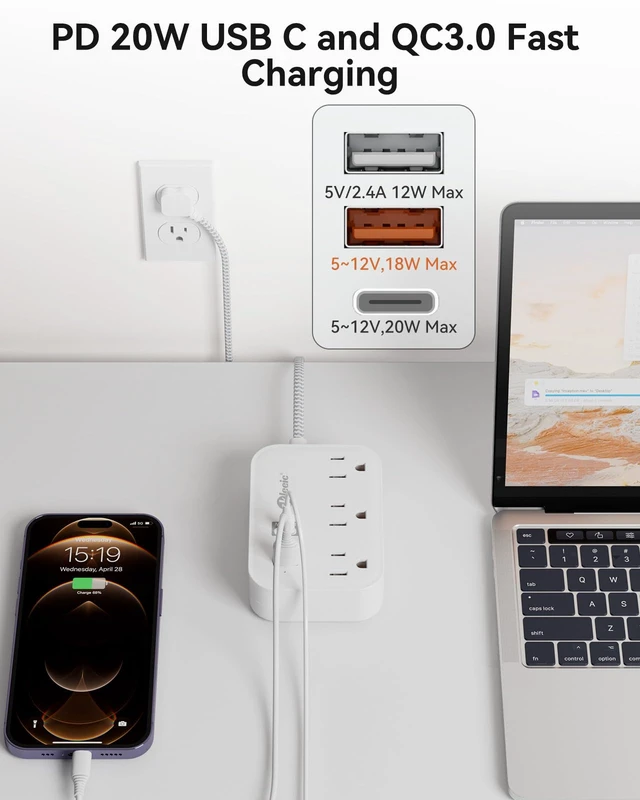 Alt view image 2 of 6 - PD 20W USB C Travel Power Strip, Flat Plug Power Strip with 3 USB(1 USB C) Ports, Short Extension Cord 3FT PD 20W Fast Charging Station, Cruise Ship Essentials Compatible with iPad Pro iPhone Samsung
