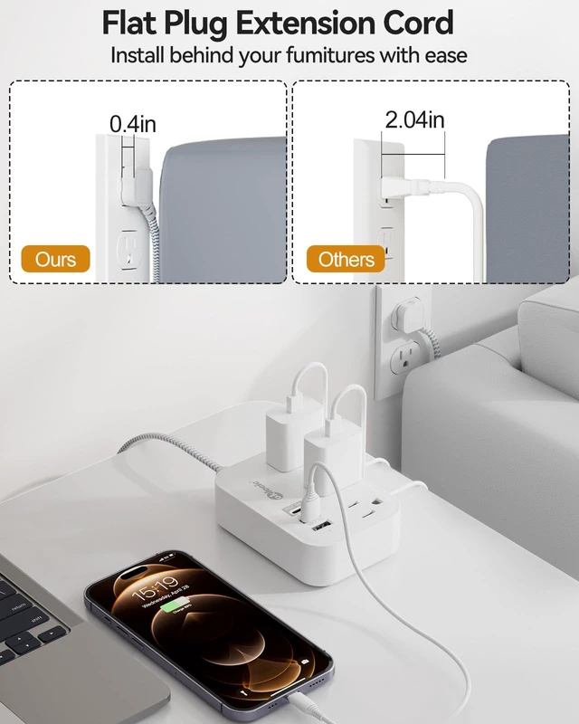 Alt view image 5 of 6 - PD 20W USB C Travel Power Strip, Flat Plug Power Strip with 3 USB(1 USB C) Ports, Short Extension Cord 3FT PD 20W Fast Charging Station, Cruise Ship Essentials Compatible with iPad Pro iPhone Samsung