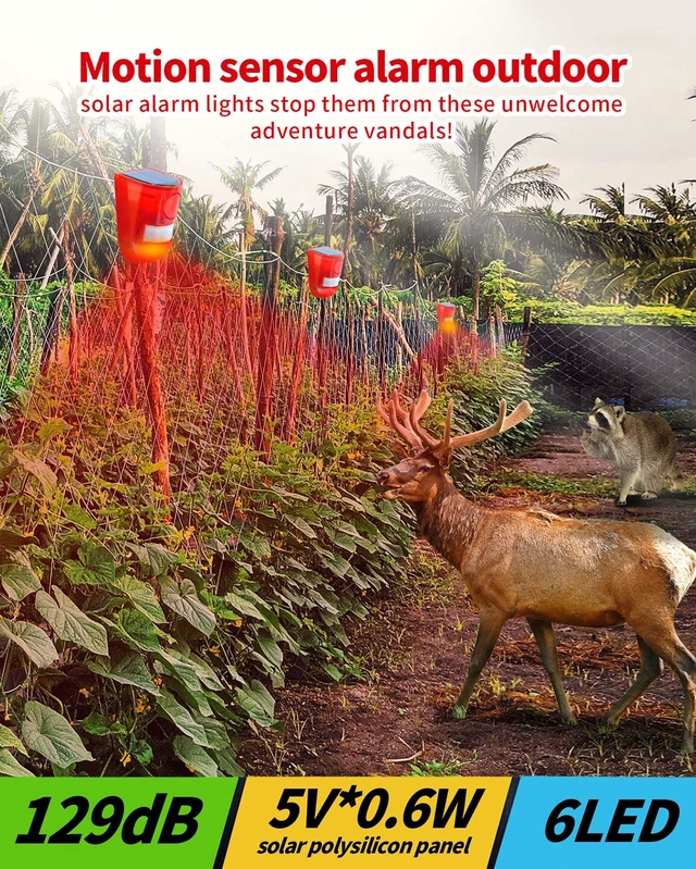 Alt view image 3 of 6 - Solar Sound & Light Alarm Outdoor Motion Sensor 129db Siren Sound Alert & 6LEDs Flash Warning Security Alarm System for Farm,Villa,Home,Yard,Barn 4 Pack