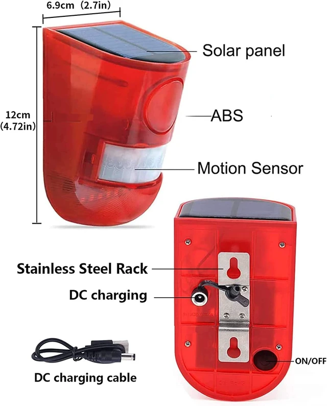 Alt view image 5 of 6 - Solar Sound & Light Alarm Outdoor Motion Sensor 129db Siren Sound Alert & 6LEDs Flash Warning Security Alarm System for Farm,Villa,Home,Yard,Barn 4 Pack