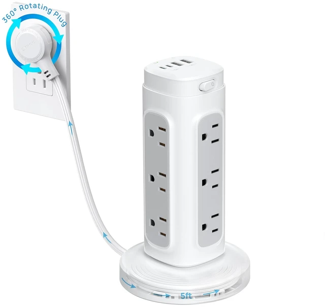 Main image of 360 Rotating Plug Power Strip Tower with 5ft Retractable Cord, White Space-Saving Vertical Tower Surge Protector 1700J, 12 AC, 4 USB 20W, Home Office Desk Dorm Room Essentials Easy Organization