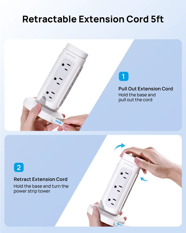 Alt view image 3 of 7 - 360 Rotating Plug Power Strip Tower with 5ft Retractable Cord, White Space-Saving Vertical Tower Surge Protector 1700J, 12 AC, 4 USB 20W, Home Office Desk Dorm Room Essentials Easy Organization
