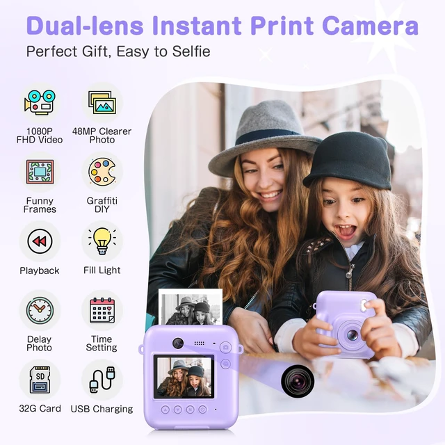 Alt view image 2 of 7 - Kids Camera Instant Print, Dual-Lens 48MP Digital Camera,Purple, Christmas Birthday Gifts, 1080P Video, Selfie Lens, 32GB Card, For Girls Boys