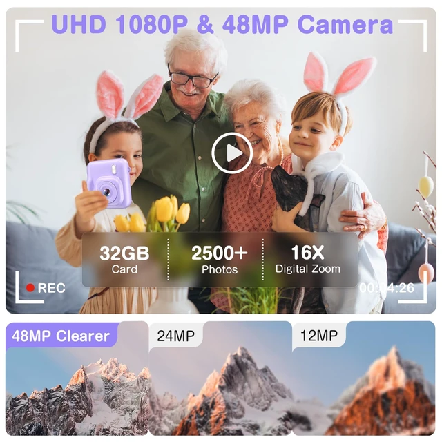 Alt view image 5 of 7 - Kids Camera Instant Print, Dual-Lens 48MP Digital Camera,Purple, Christmas Birthday Gifts, 1080P Video, Selfie Lens, 32GB Card, For Girls Boys
