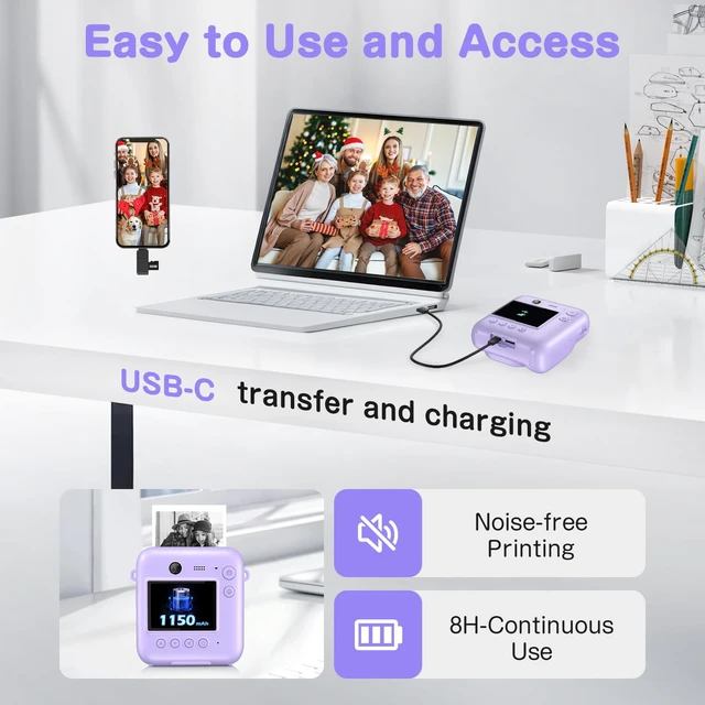 Alt view image 6 of 7 - Kids Camera Instant Print, Dual-Lens 48MP Digital Camera,Purple, Christmas Birthday Gifts, 1080P Video, Selfie Lens, 32GB Card, For Girls Boys